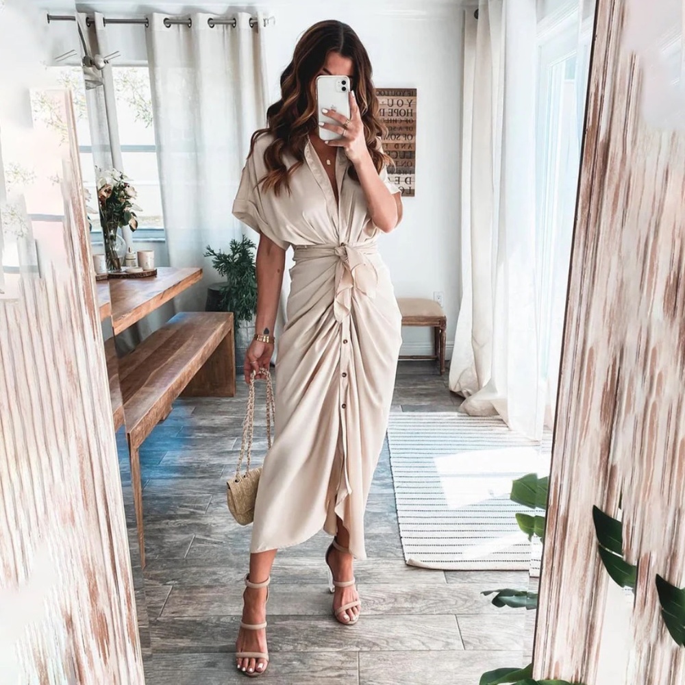 Flowy Wrap Waist Tie Waist Button Up Dress, Size XL